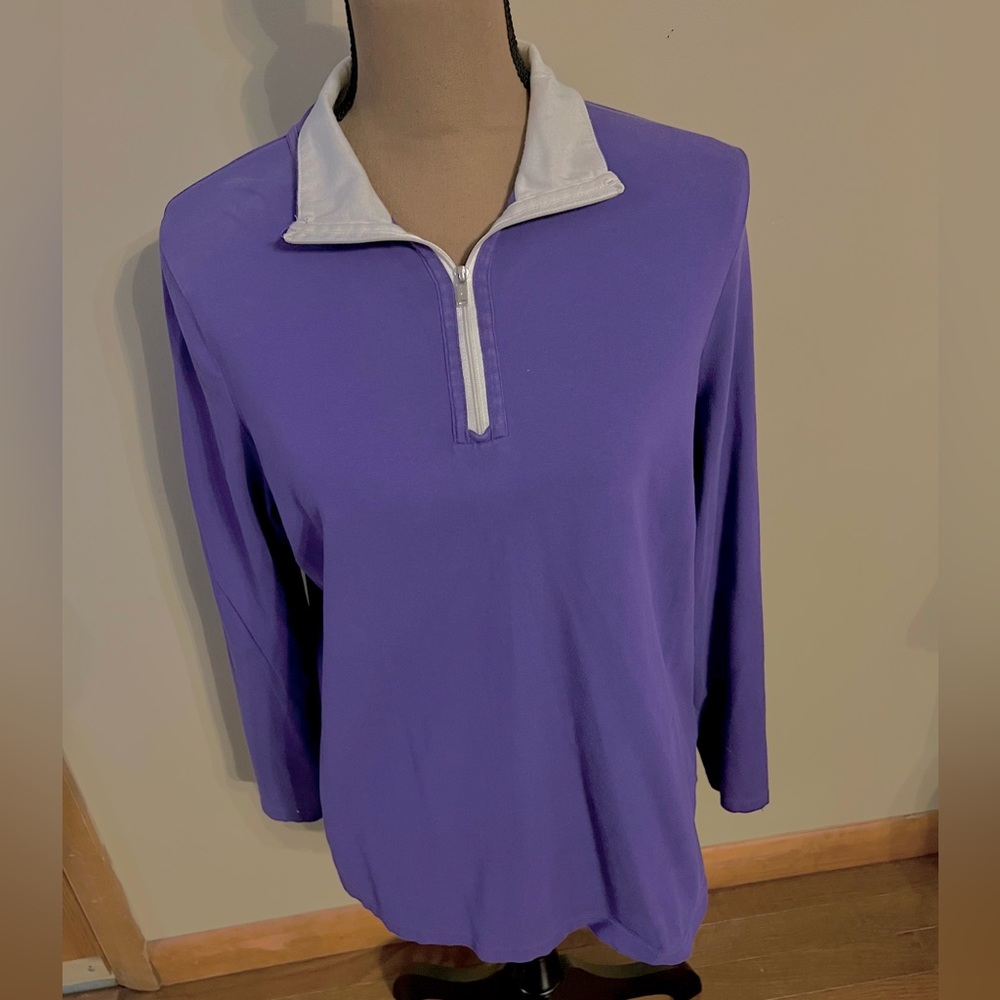 L-RL LAUREN ACTIVE LADIES WHITE COLLARED- HALF ZIP TOP, SIZE 1X, PURPLE